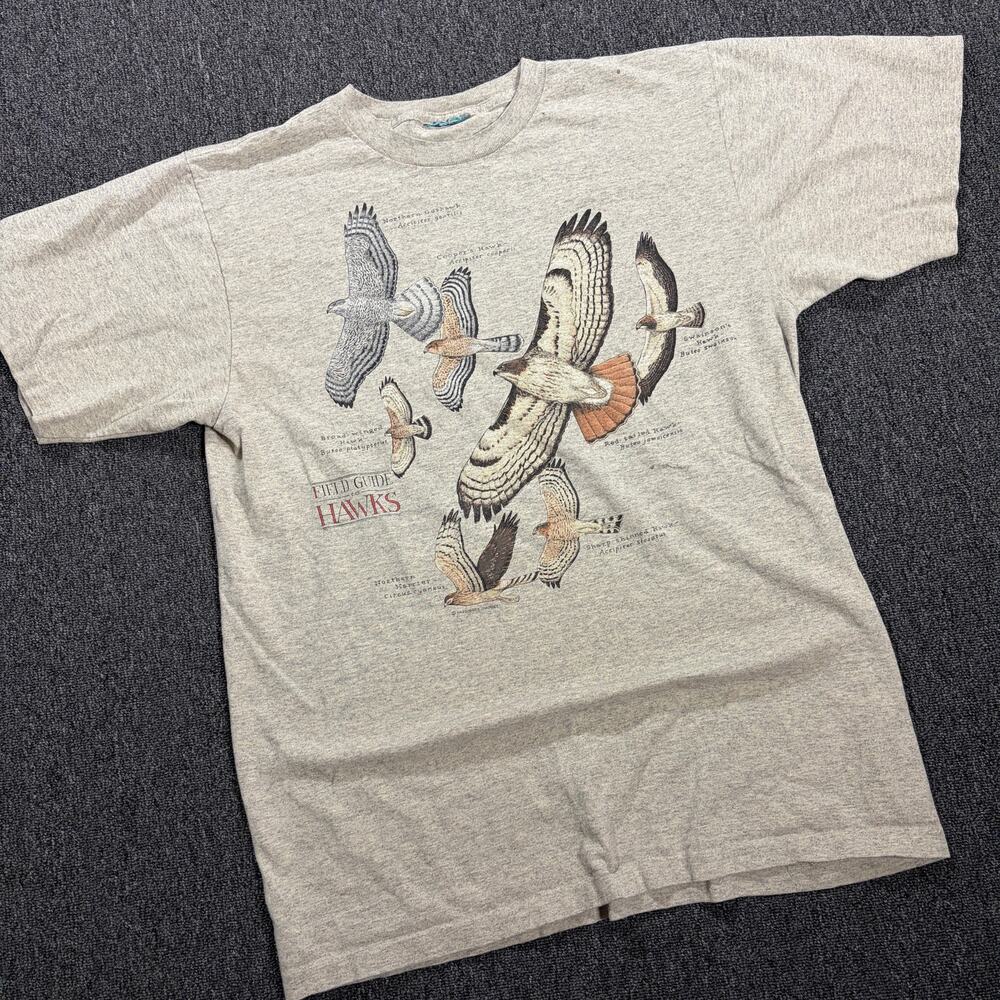 Vintage Y2k Guide to Hawks Nature Wild Grey Graphic Tee Men's Short Sleeve Large